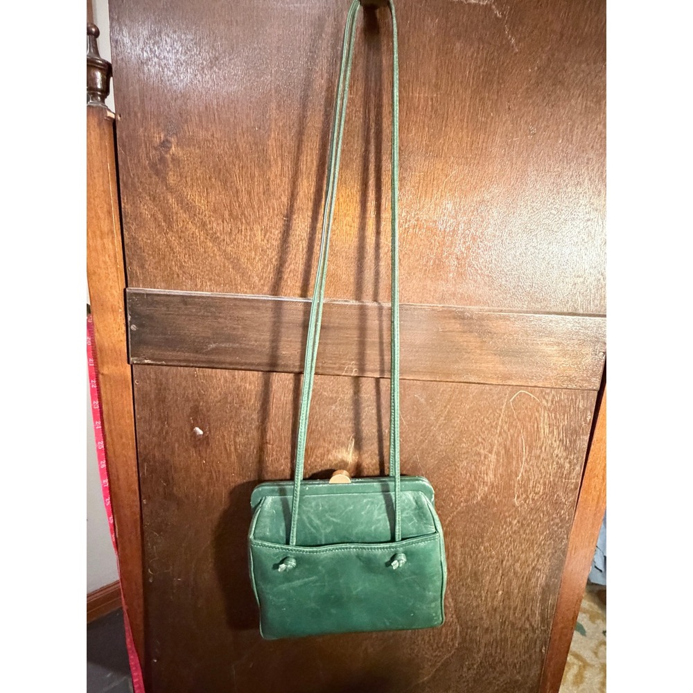 Ganson Vintage Green Leather Crossbody Frame Bag Gold Hardware Kiss Lock Retro - Picture 2 of 15